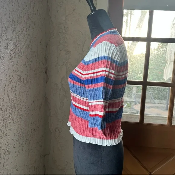 🦋 H&M Striped Red, White & Blue Crew Neck Fitted 3/4 Sleeve Cropped Sweater - Picture 4 of 10